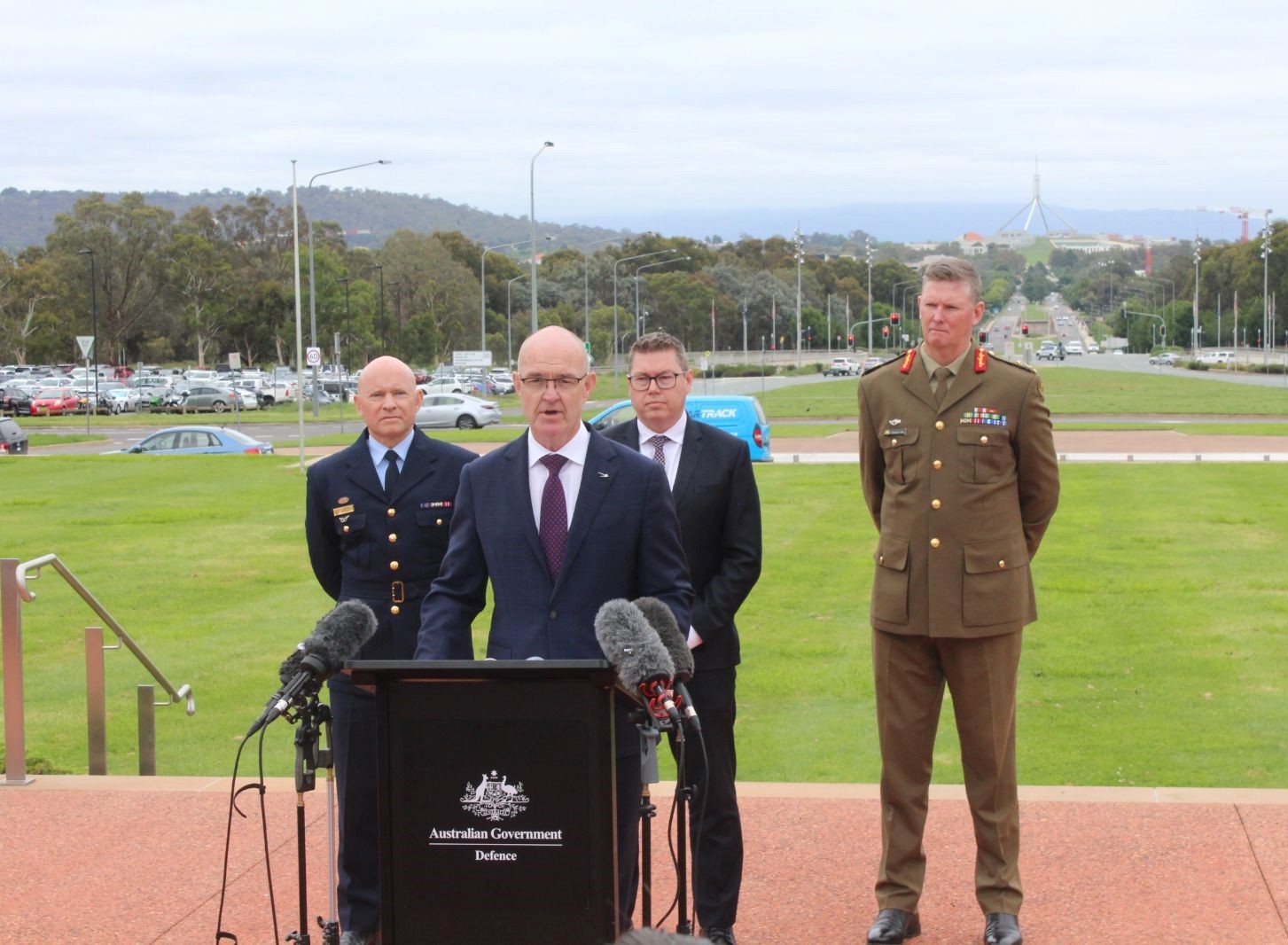 Lockheed Martin Australia Chief Executive Warren McDonald addresses media, with Air Marshal Leon Phillips, Chief of GWEO, the Hon Pat Conroy MP, Minister for Defence Industry, and Major General Richard Vagg, Head Land Capability.