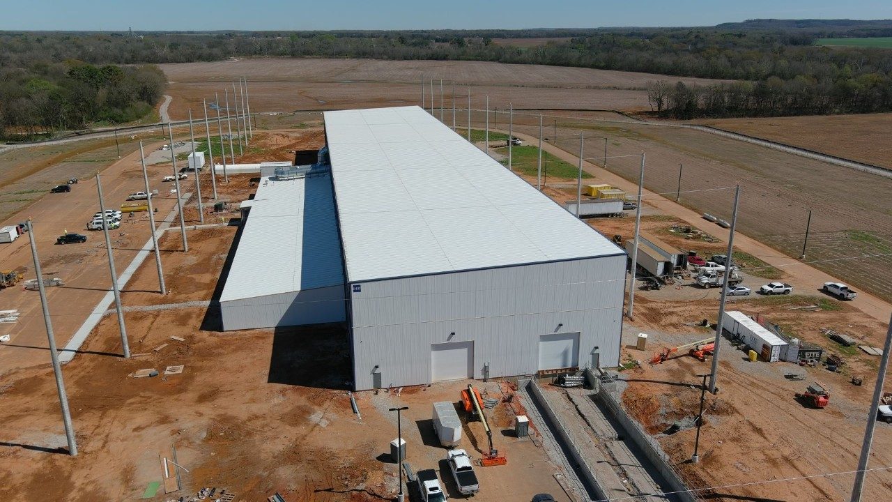 An in-progress drone photo of Missile Assembly Building 5 in Courtland, Alabama.